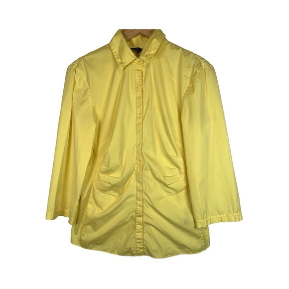 Lafayette 148 Yellow 3/4 Sleeve Ruched Gathered Stretch Button Up Top Blouse 6 - Picture 1 of 8